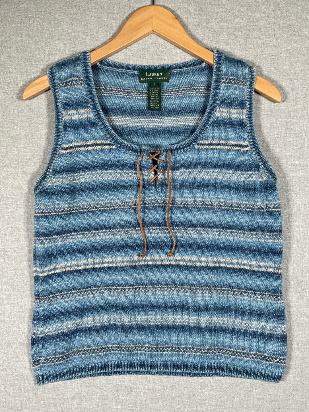 Lauren Ralph Lauren Blue Striped Knit Sweater Vest Tank Lace Up Western Boho L